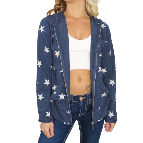 Y2k Style & Co. Navy Blue Star Pattern Patriotic Zip Up Hoodie Sweatshirt Small - Picture 6 of 9